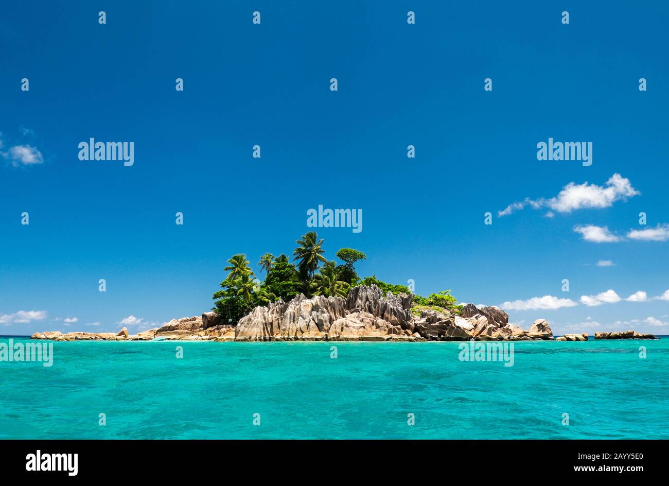 Tropical paradise St Pierre Islet by Praslin Island, Seychelles Stock Photo