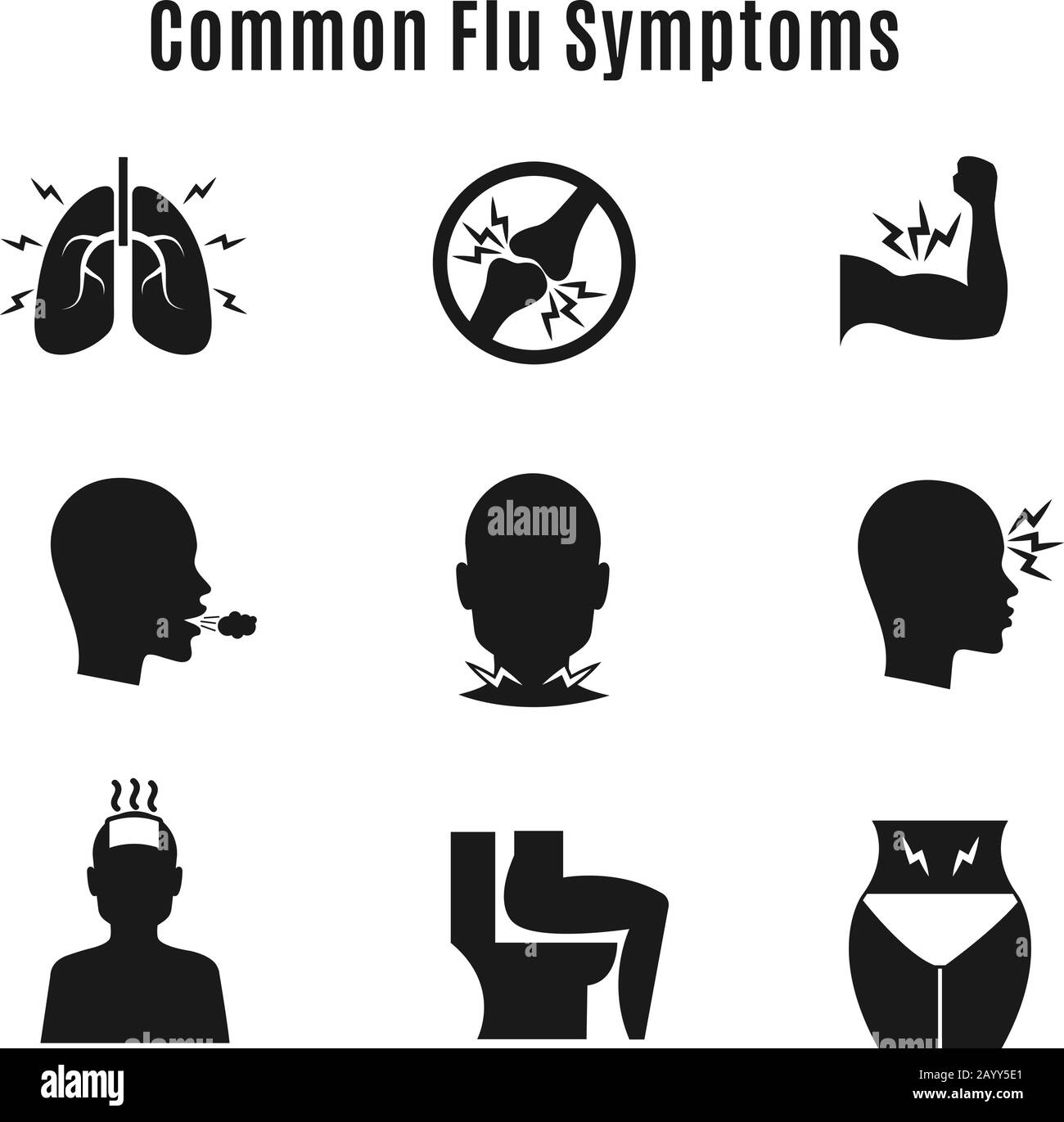 Flu influenza sickness symptoms vector icons. Influenza symptom collection and infection influenza and cough illustration Stock Vector