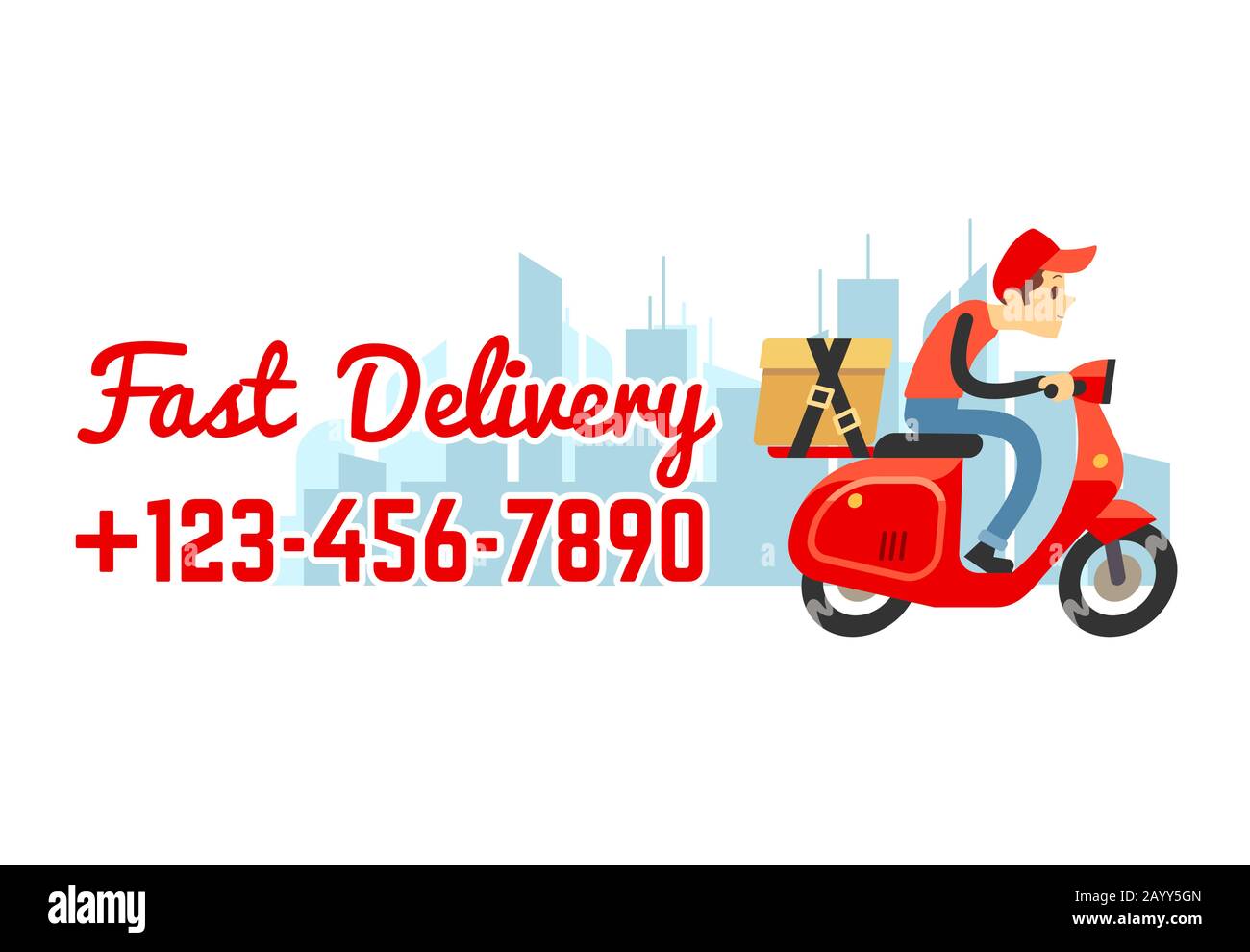 Delivery service vector banner with call number. Deliveryman on motorbike with cardboard box Stock Vector