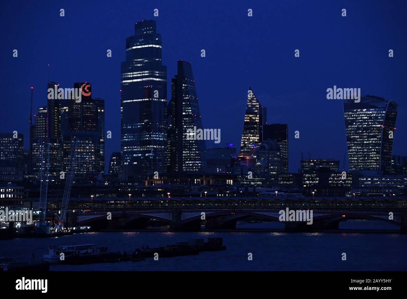 A view of the London Skyline taken from Waterloo Bridge, Tower 42, 22 Bishopsgate, the Leadenhall Building (also known as the Cheesegrater), and 20 Fenchurch Street (also known as the Walkie Talkie). PA Photo. Picture date: Monday February 17, 2020. Photo credit should read: Kirsty O'Connor/PA Wire Stock Photo