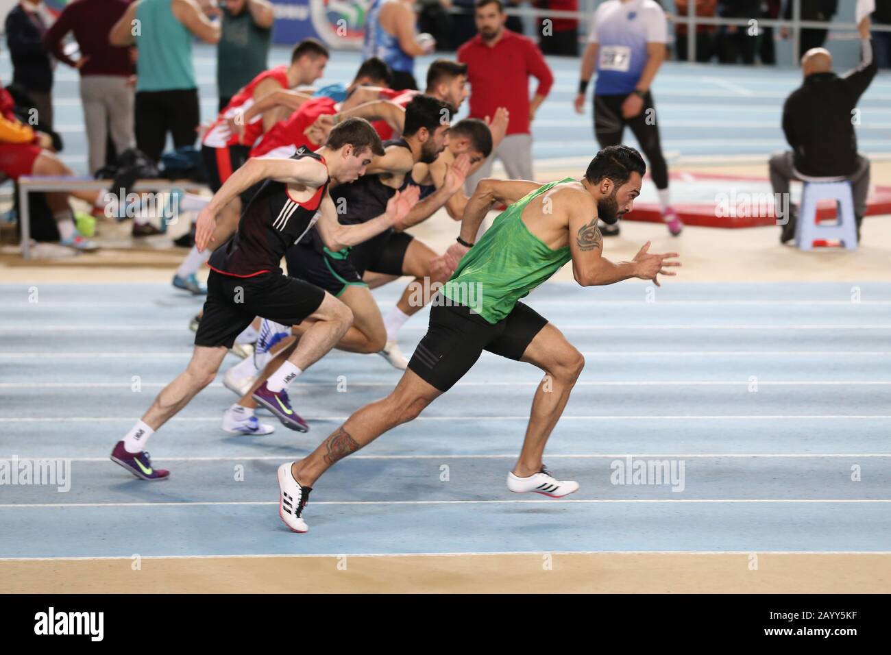 ISTANBUL, TURKEY - FEBRUARY 01, 2020: Athletes running 60 metres during ...