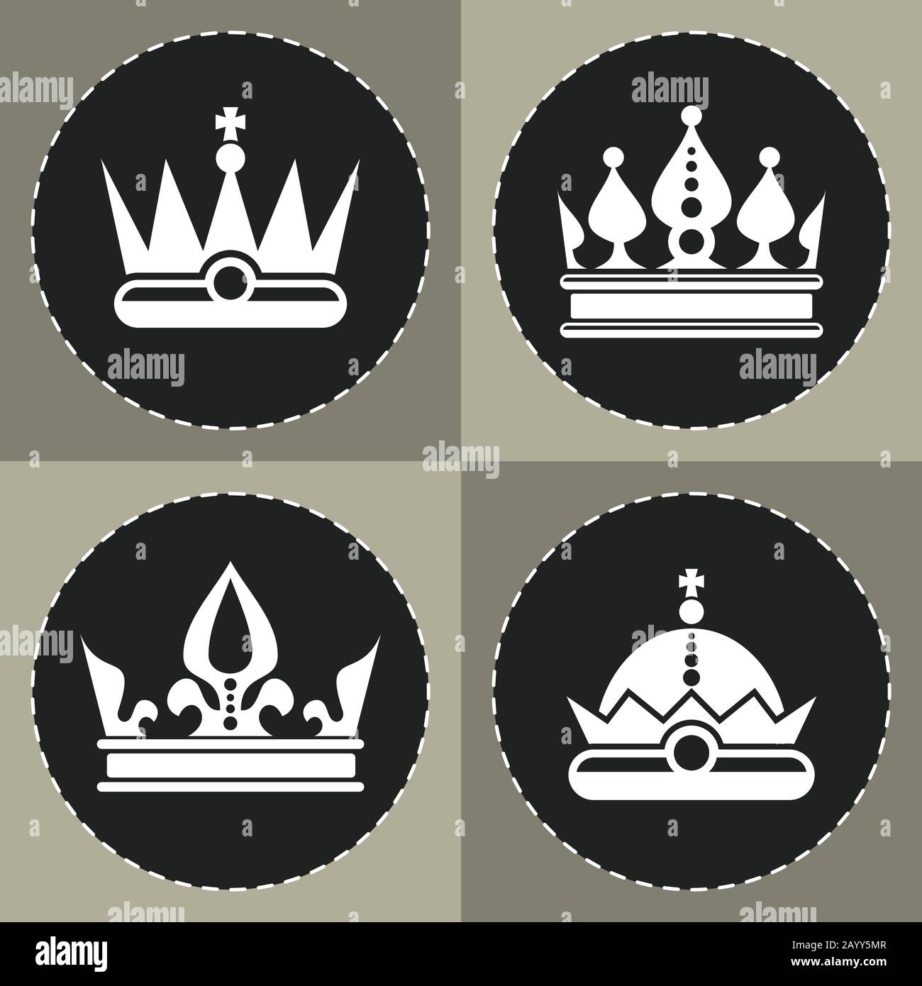 White crown icons on black background for chess. Queen crown and king accessory. Vector illustration Stock Vector