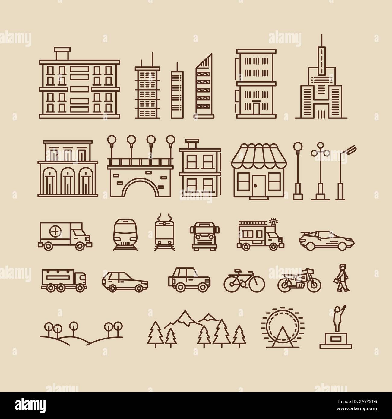 Line elements of city. Buildings and houses, trees and transport icons for city map or cityscape. Vector illustration Stock Vector