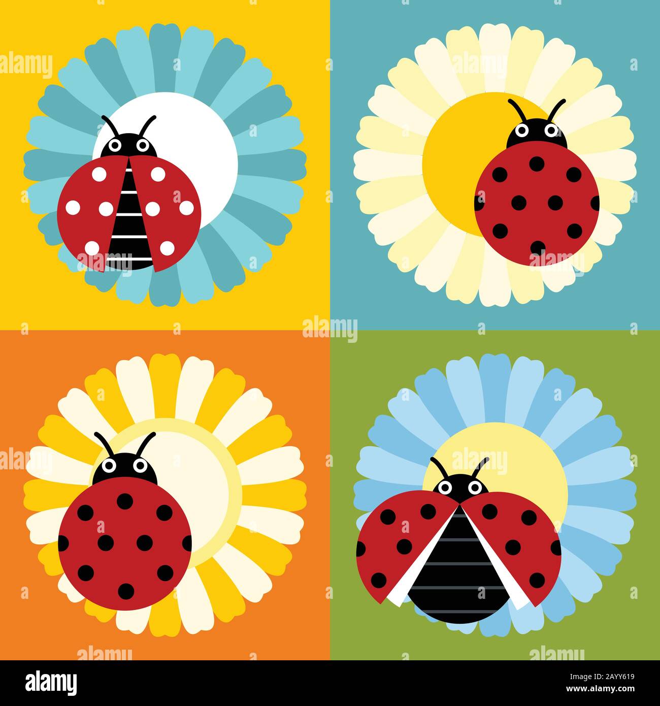 Ladybugs in flower in flat style isolated on color background. Vector illustration Stock Vector
