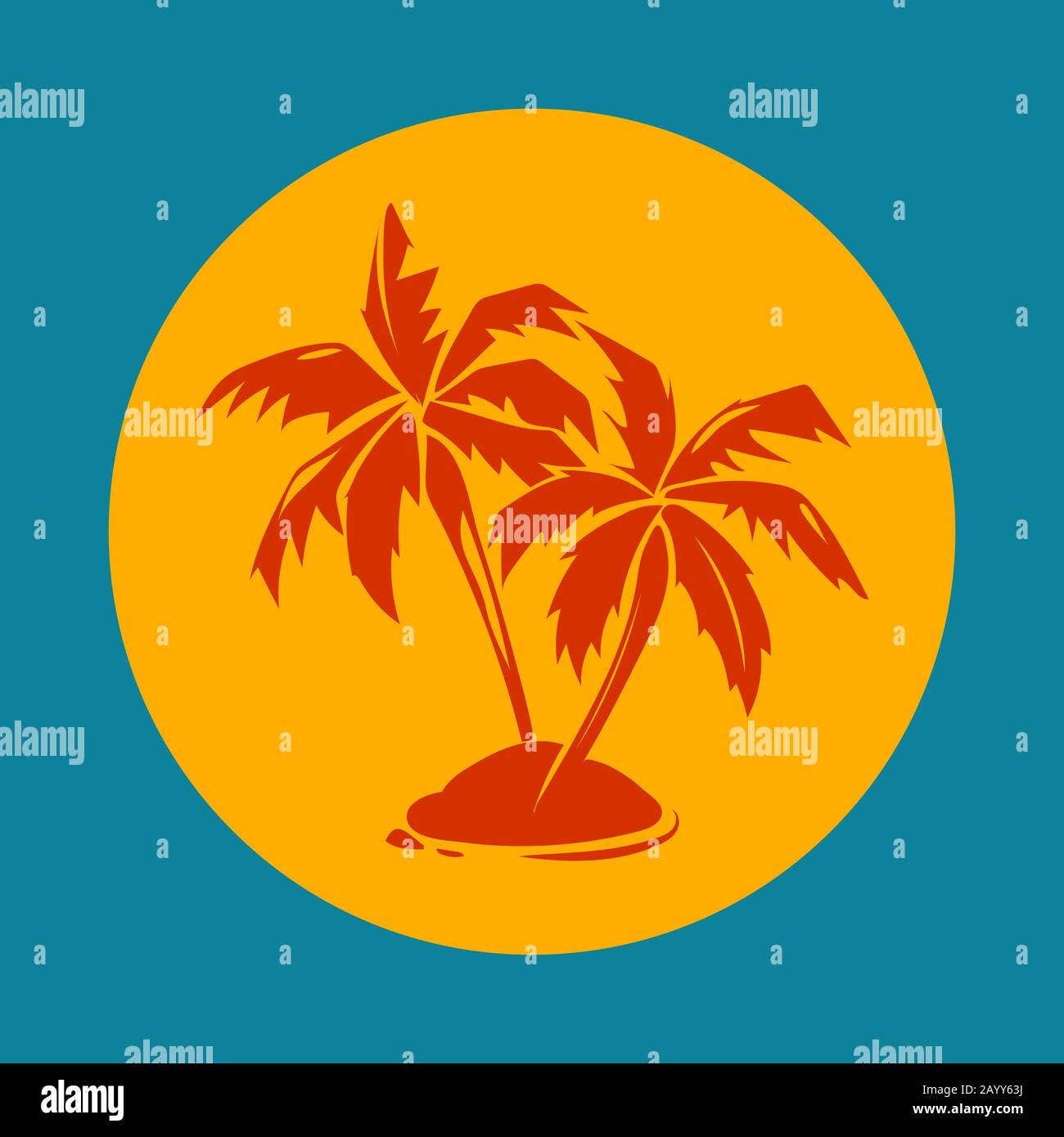 Tropical paradise palm trees and sun logo. Island silhouette emblem for vacation, vector illustration Stock Vector
