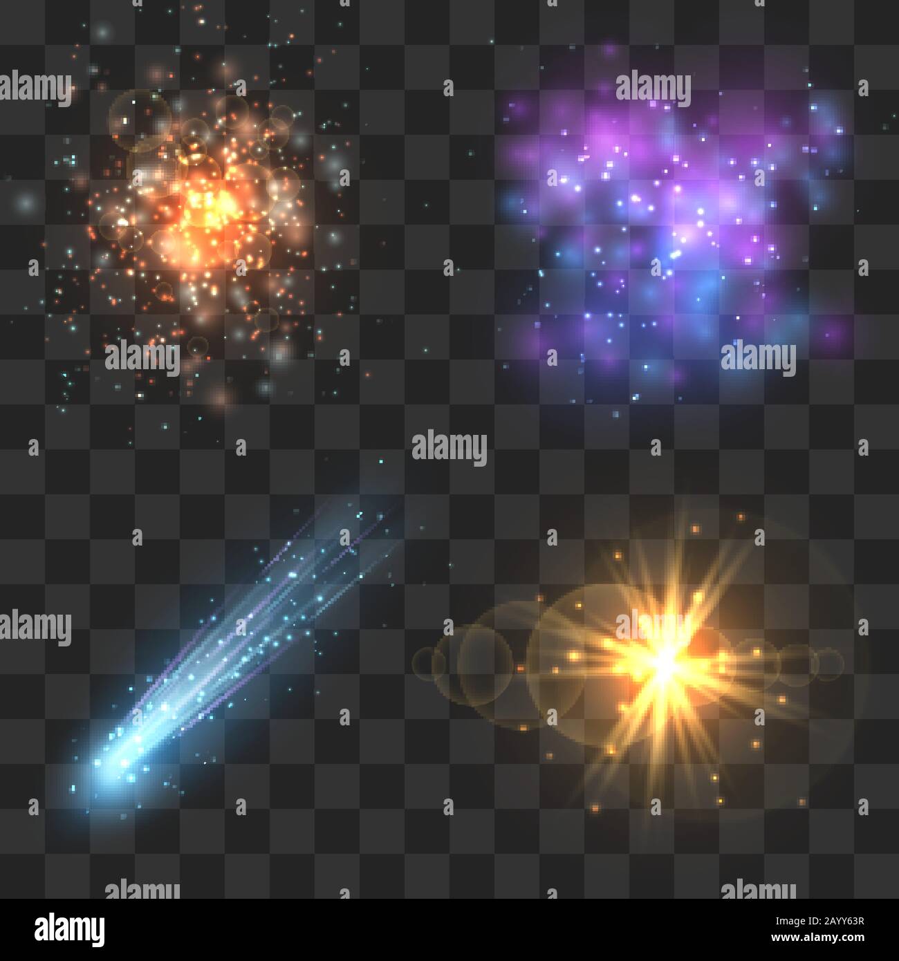 Space cosmos objects, comet, meteor, stars explosion on transparence checkered background. Universe explosion or fly star, meteor light and asteroid in universe. Vector illustration Stock Vector