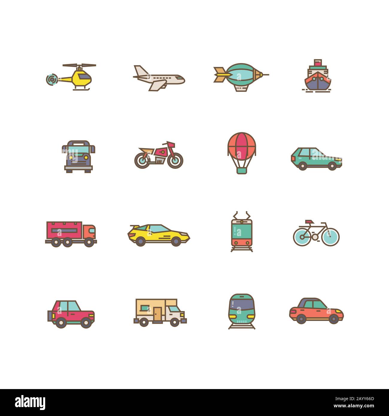 Transportation flat vector icons set. Air transport helicopter and plane and dirigible. Transport road bus bike and car illustration Stock Vector
