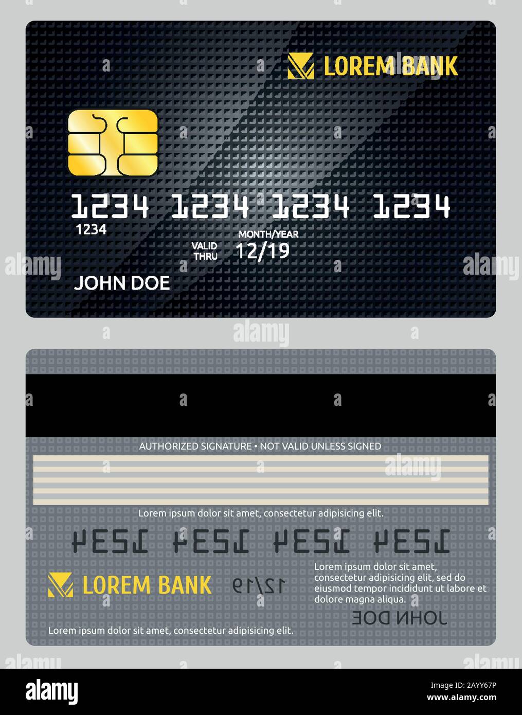 Detailed glossy vector credit card isolated on gray background. Plastic card for payment, illustration banking credit electronic card Stock Vector