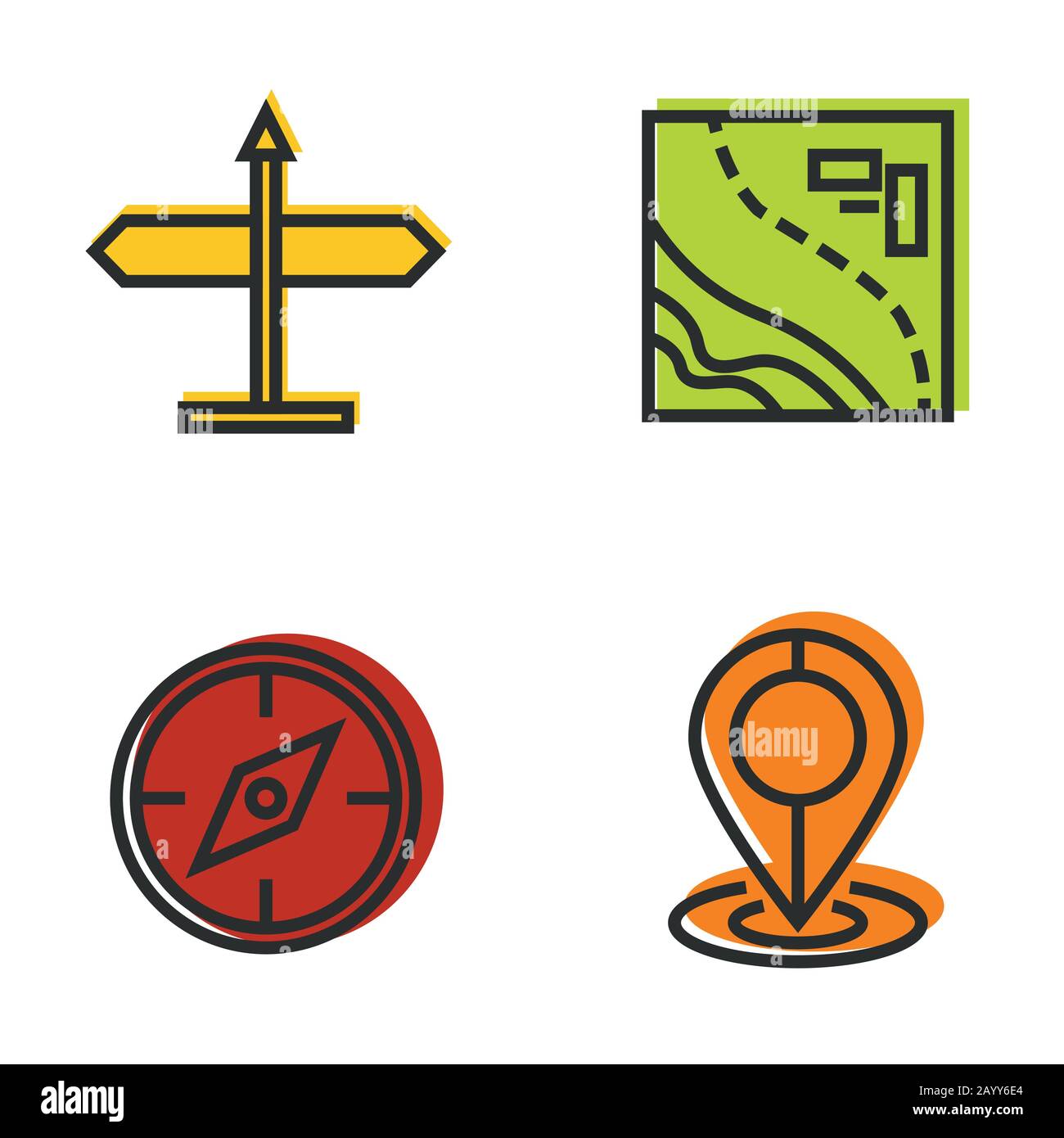 Road tourist line icons. Compass and map isolated on white background. Vector illustration Stock Vector