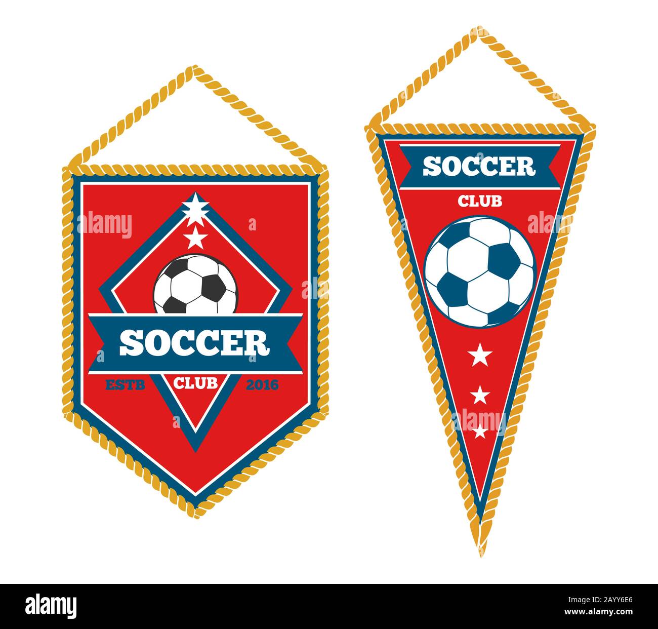 A pair of soccer pennants isolated over white. Soccer tournament and