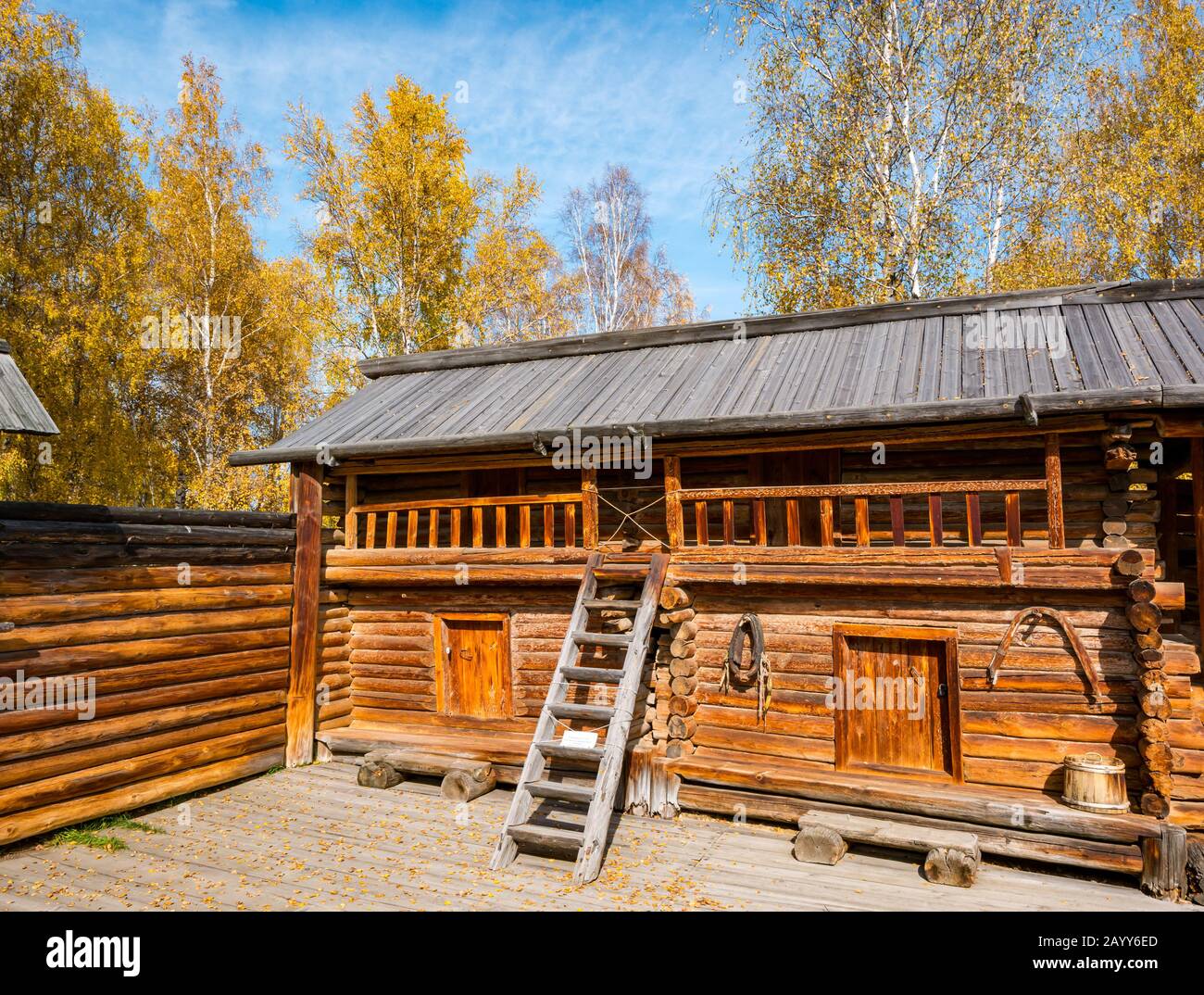 Old fashioned traditional style wooden log cabin, Taltsy Museum of Wooden Architecture, Irkutsk Region, Siberia, Russia Stock Photo