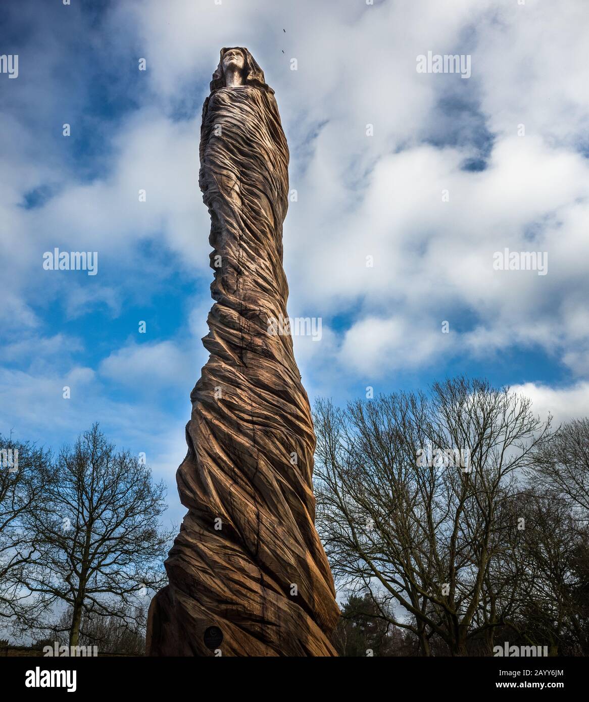 A statue titled 'The Marbury Lady' sculpted by Simon O'Rourke  in Feburary 2020 at Marbury Country Park, Northwich, Cheshire. Stock Photo