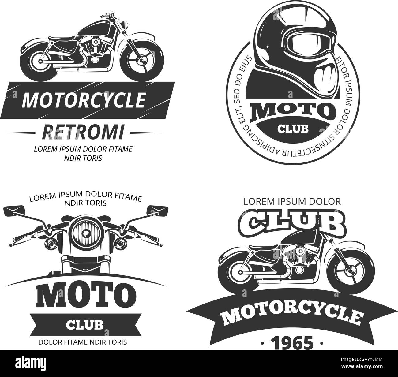 Retro motor club logos. Motorcycle or biker club vintage labels. Motorbike and speed motocycle emblems vector set Stock Vector