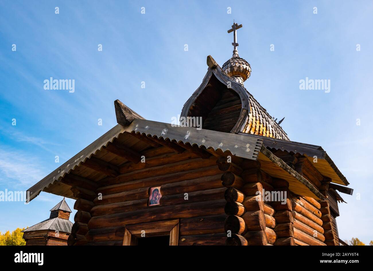 Traditional style wooden Russian Orthodox chapel or church, Taltsy Museum of Wooden Architecture, Irkutsk Region, Siberia, Russia Stock Photo