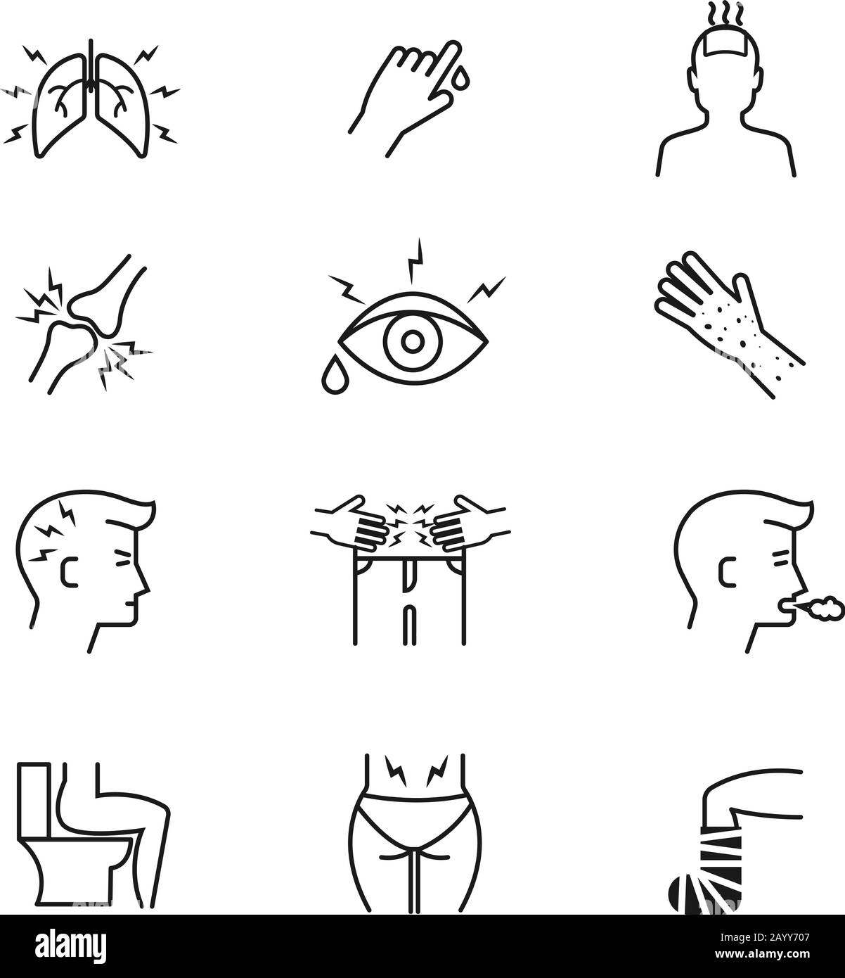 Human illness and diseases symptoms thin line vector icons set. Disease human symptom and medical symptoms illustration Stock Vector