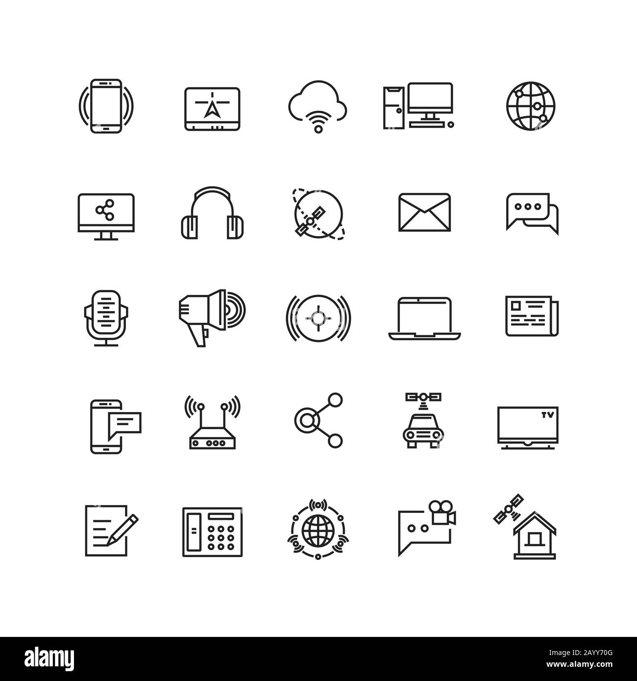 Media and communication line vector icons. Communication media web internet, mobile technology for communication illustration Stock Vector