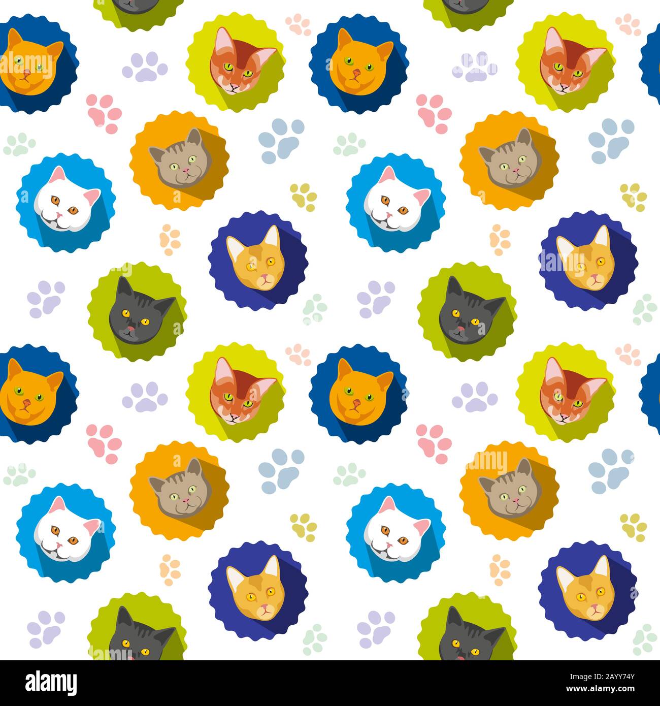 Cute cats vector seamless pattern. Animal cat with colored paws prints, background with head cats illustration Stock Vector
