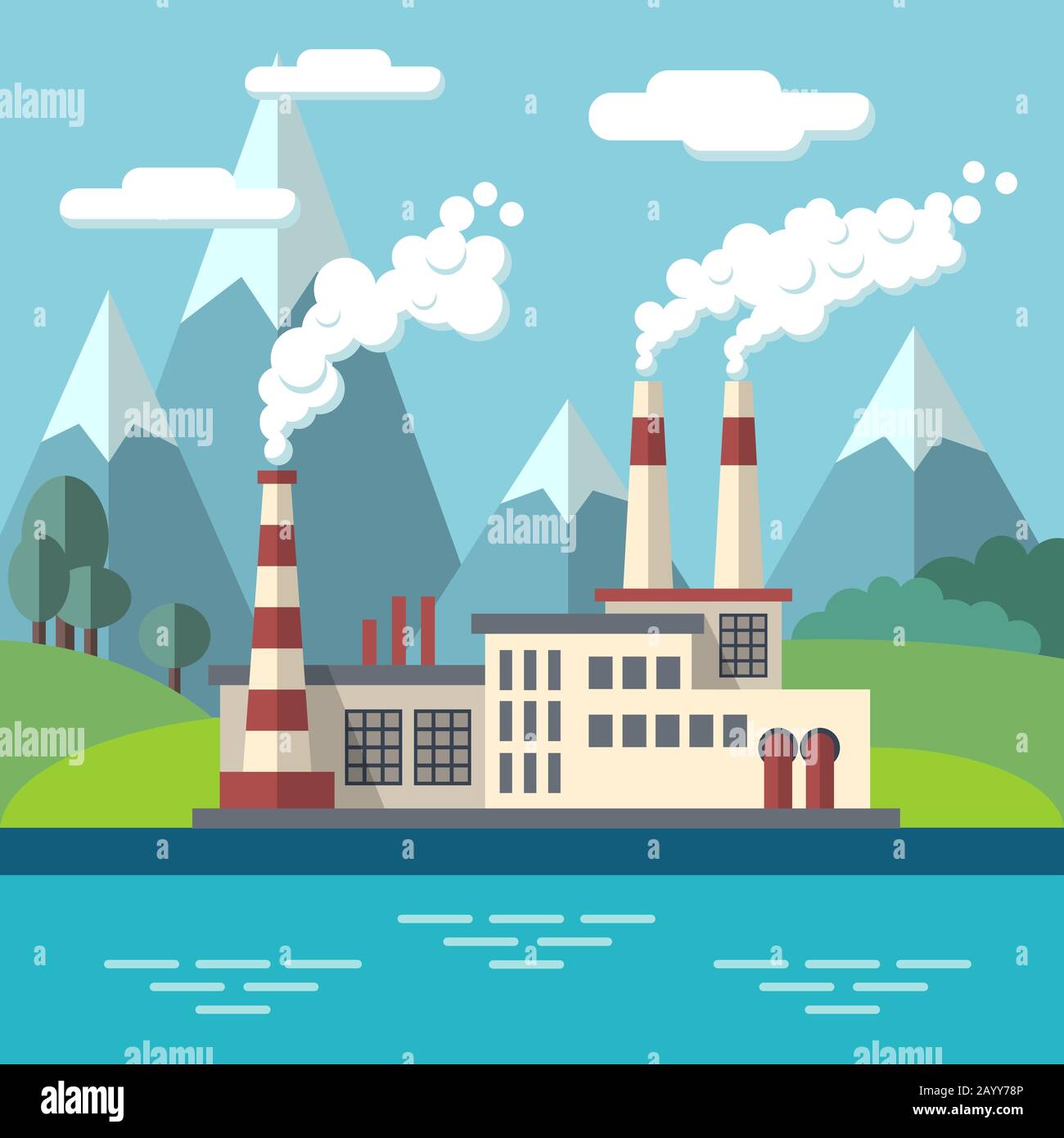 Industrial factory flat ecology vector concept background. Environmental protection. Ecology environment and factory power, pollution factore to nature illustration Stock Vector