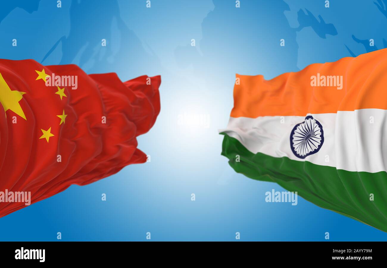 Chinese and Indian flags are paired together and standing side by side ...