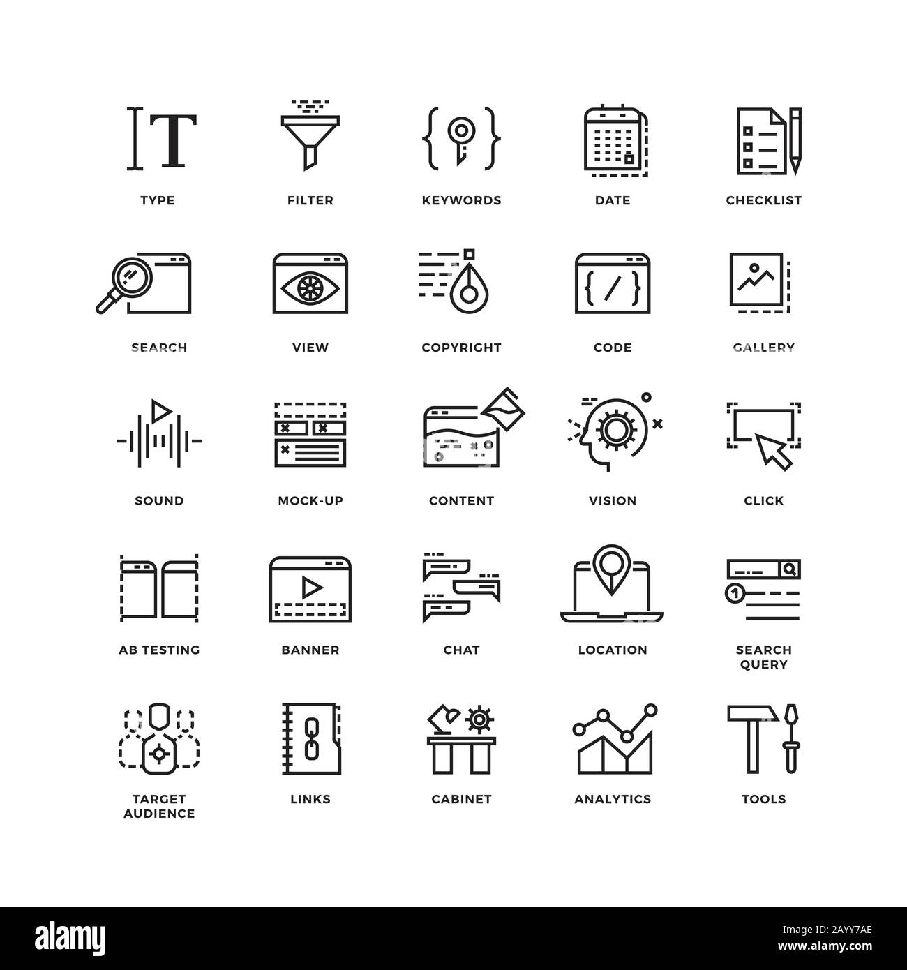 Seo and development line thin vector icons. Collection of seo development icon. Web technology for internet seo illustration Stock Vector