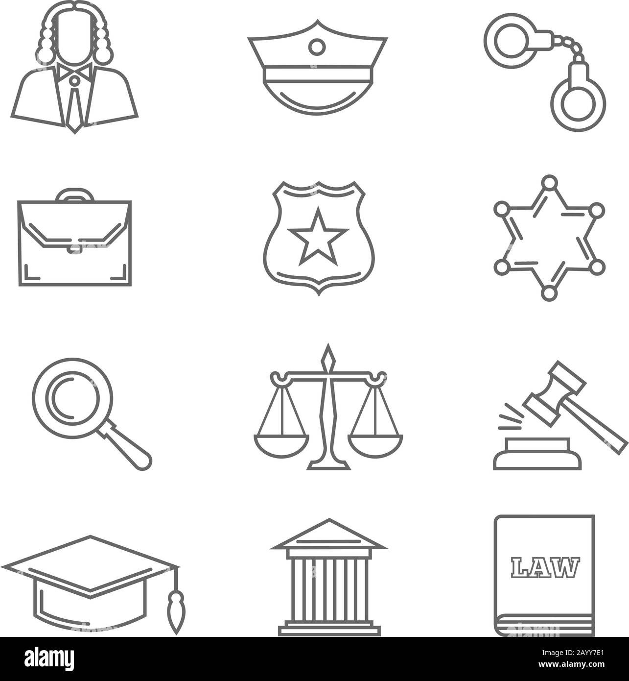 Criminal police law and justice vector thin line icons. Handcuff and scale in linear style, court and gavel illustration Stock Vector