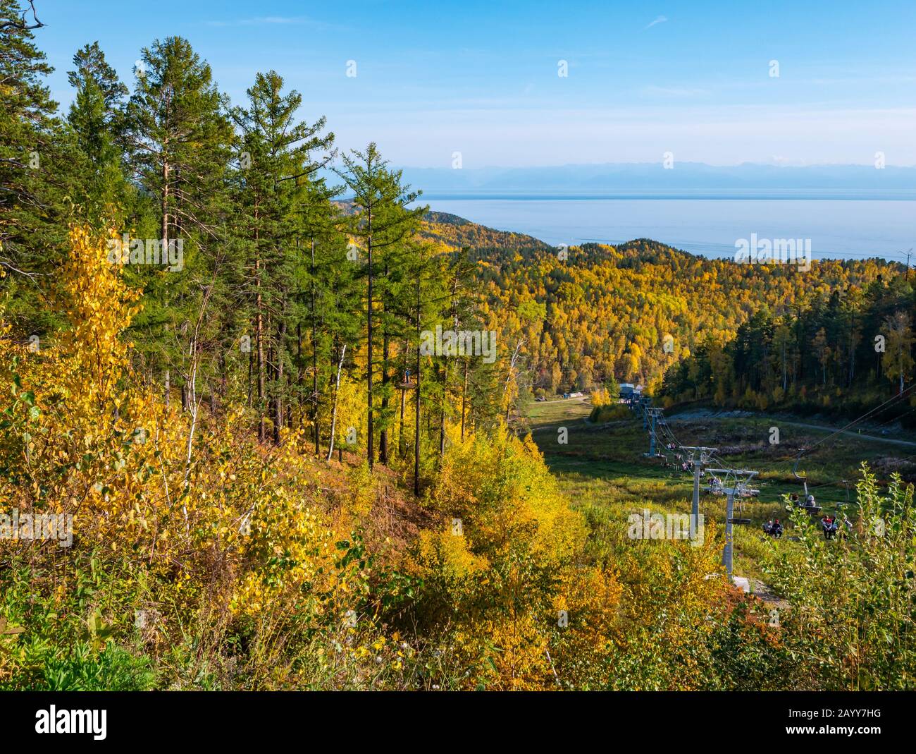 Autumn trees and colours at Istlend Skilift with Lake Baikal view, Listvyanak, Irkutsk Region, Siberia, Russia Stock Photo