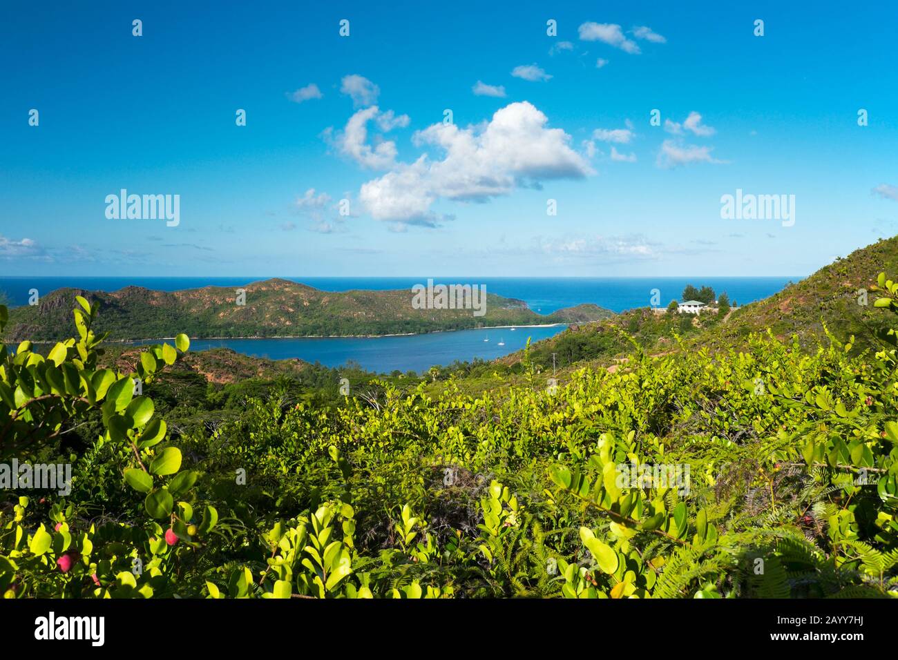 View of Curieuse Island from Zimbabwe in the northern part of Praslin Island, Seychelles Stock Photo