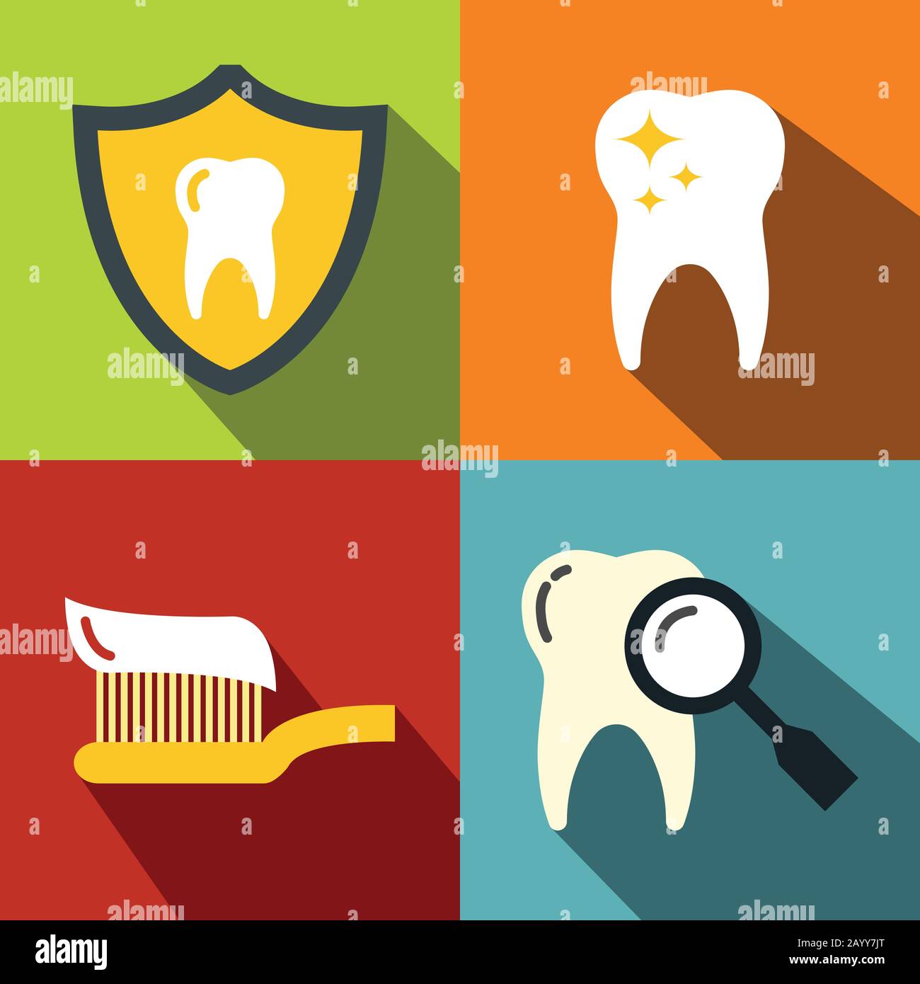 Dentistry medical flat icons on color background with long shadow. Oral hygiene and medicine. Vector illustration Stock Vector