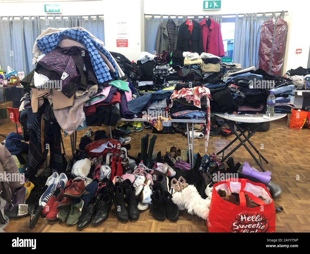 Donations at Taff's Well village hall for those affected by Storm Dennis. Stock Photo