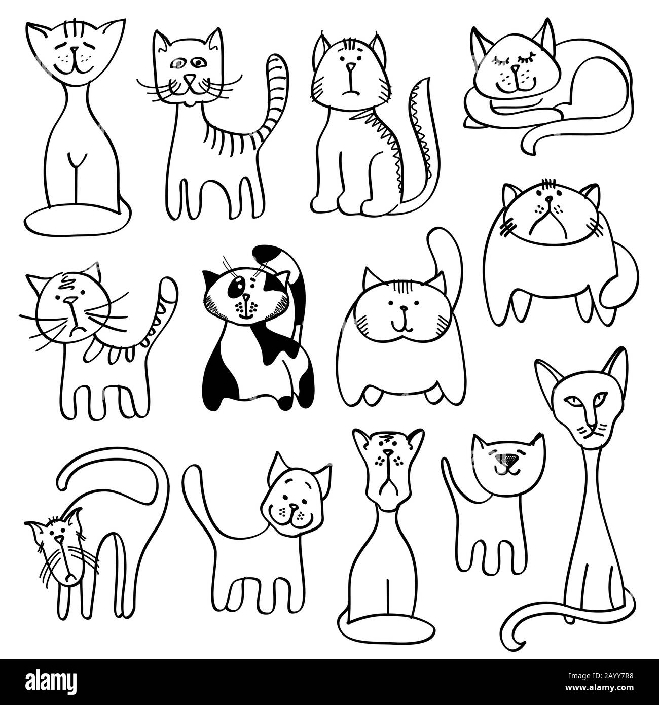 Home pets, cute cats in doodle vector style. Cat animal doodle and set of cat illustration Stock Vector