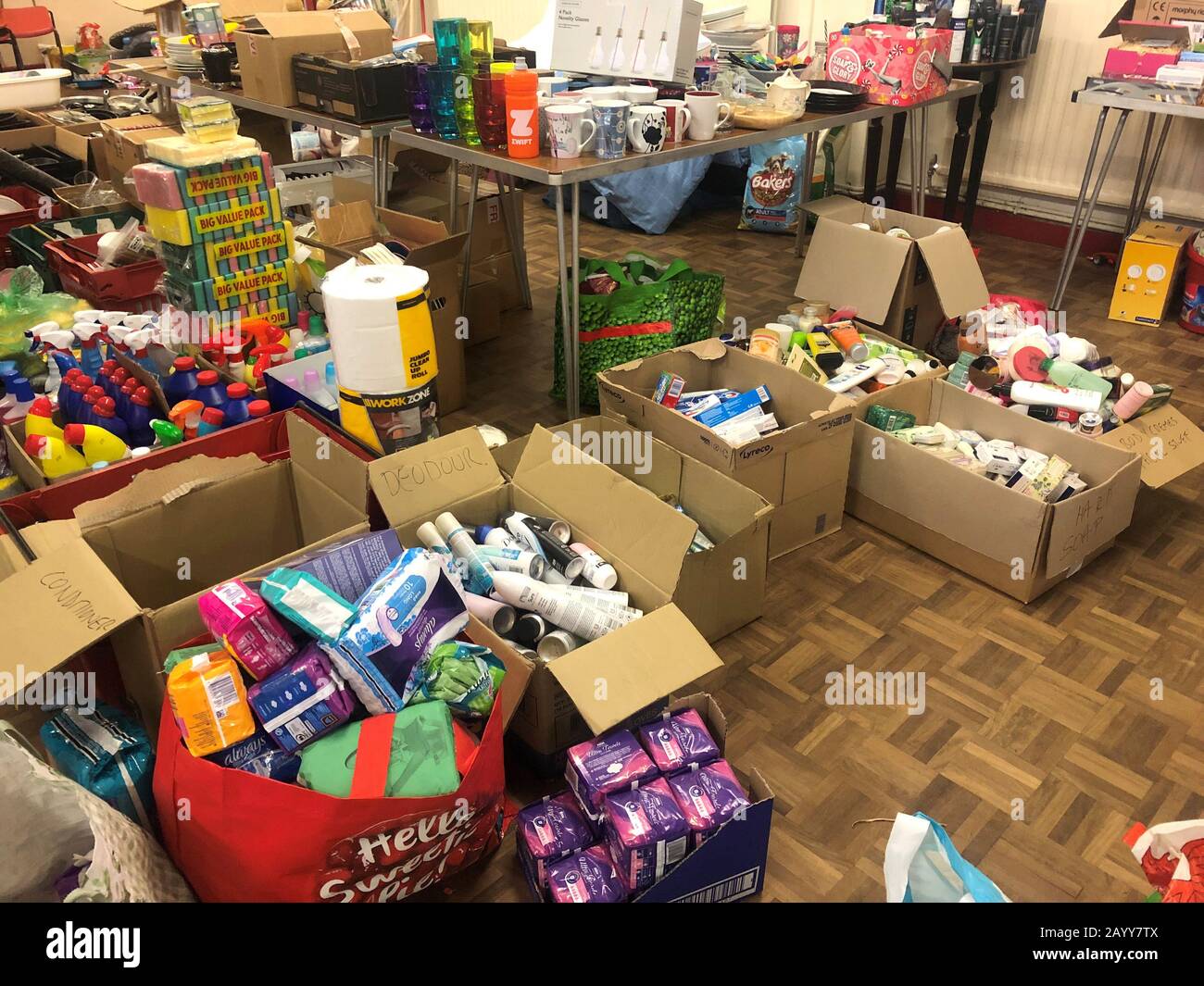 Donations at Taff's Well village hall for those affected by Storm Dennis. Stock Photo