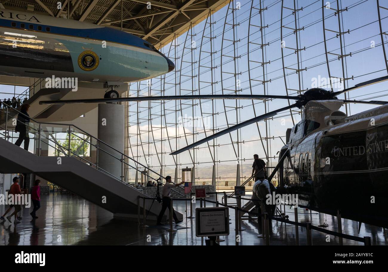 Air Force One and Marine One are displayed at the Ronald Reagan Presidential Library and Museum in Simi Valley, California USA. Stock Photo