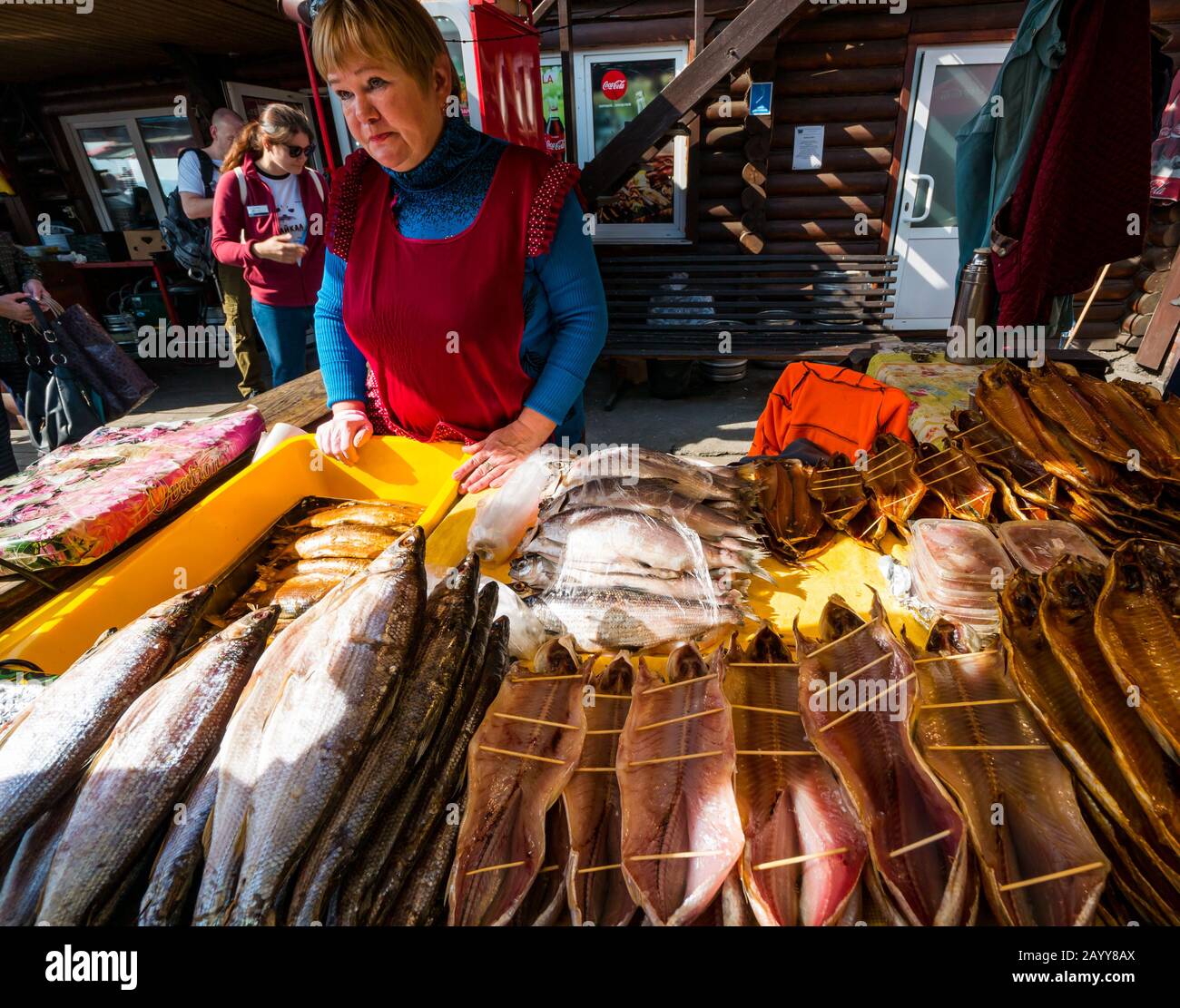Woman selling dried and smoked fish for sale at market stall ...