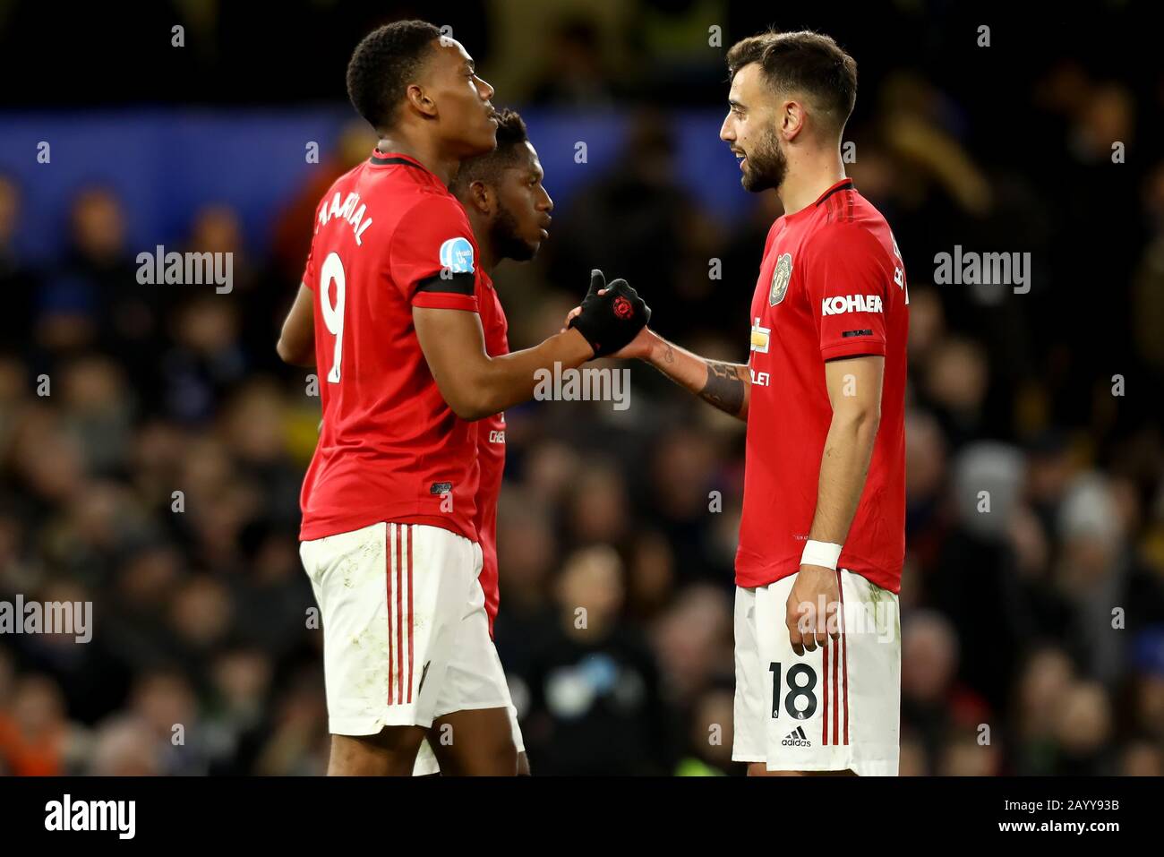 Stamford Bridge London Uk 17th Feb 2020 English Premier League Football Chelsea Versus Manchester United Anthony Martial Of Manchester Utd Celebrates His Goal With Bruno Fernandes And Fred For 0 1 Strictly