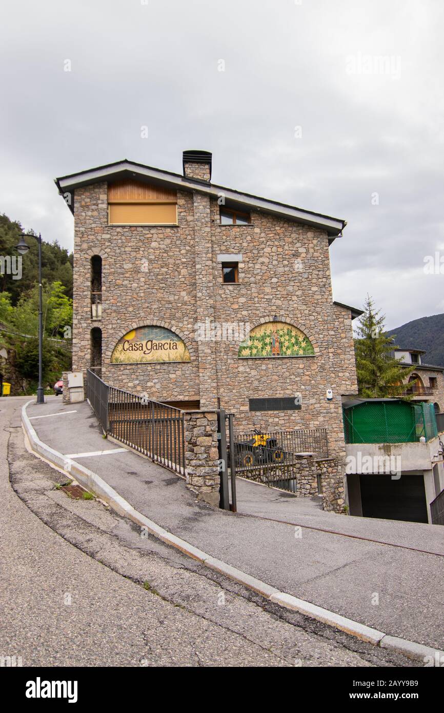 Encamp, Andorra - June 4th, 2017: A small village of Encamp, located in Pyrenees Mountains, in Andorra. Encamp has been considered an important summer Stock Photo