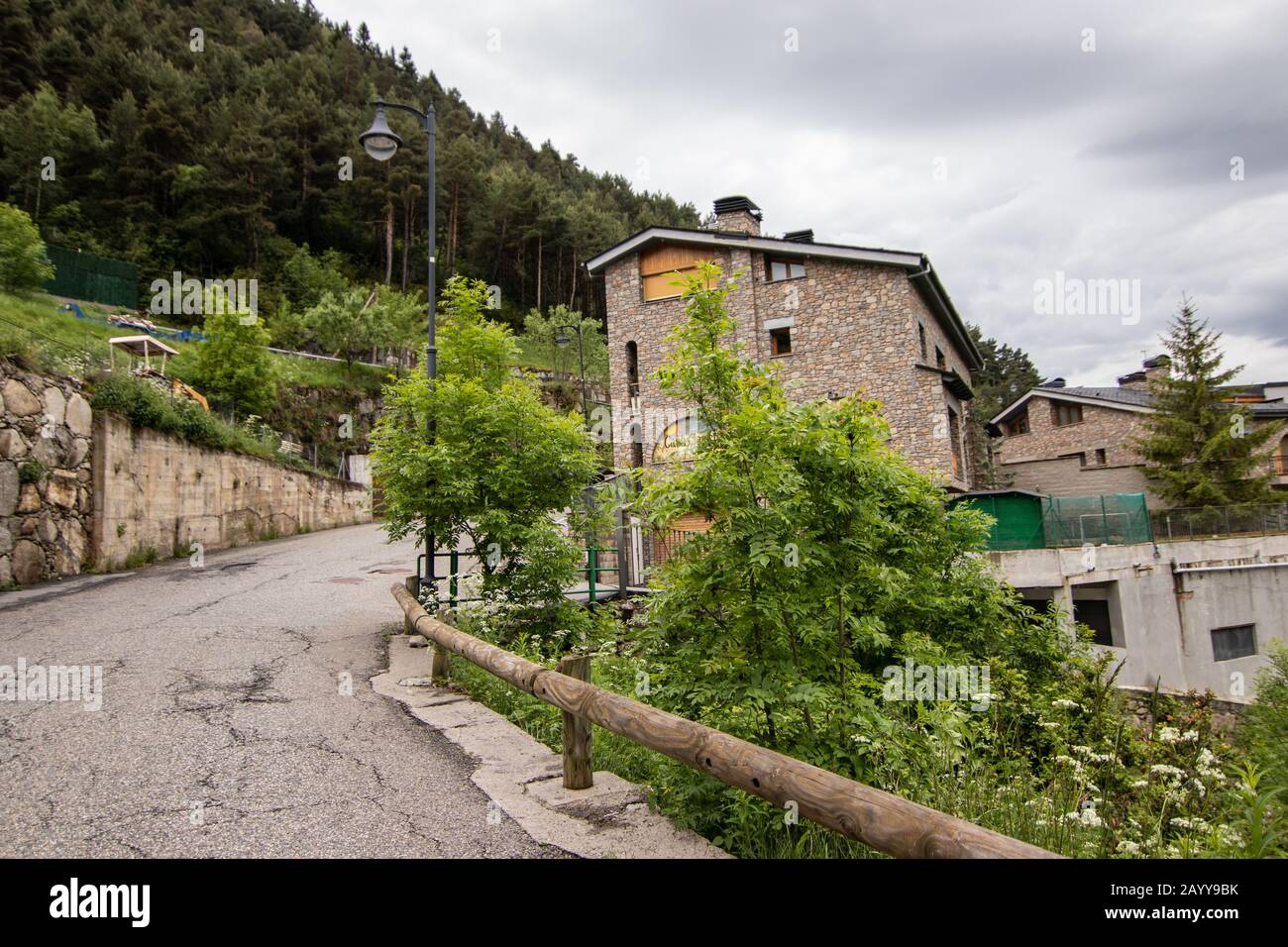 Encamp - a small village in Pyrenees, in Andorra. Encamp has been considered an important summer and winter sports center for Andorra tourism. Near pl Stock Photo