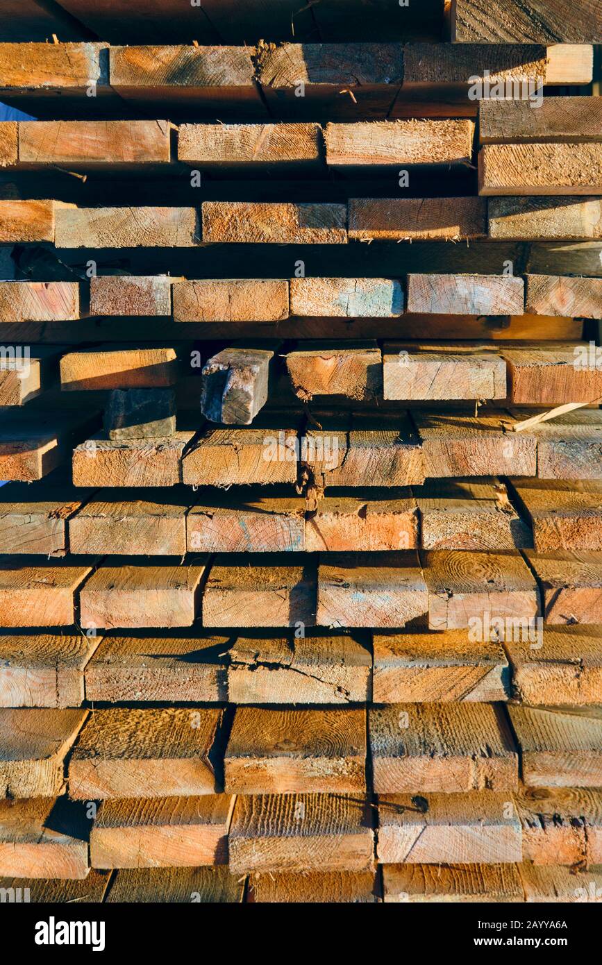 Closeup wooden boards. The surface of the end of the board. Lots of planks stacked on top of each other in the warehouse. Stock Photo