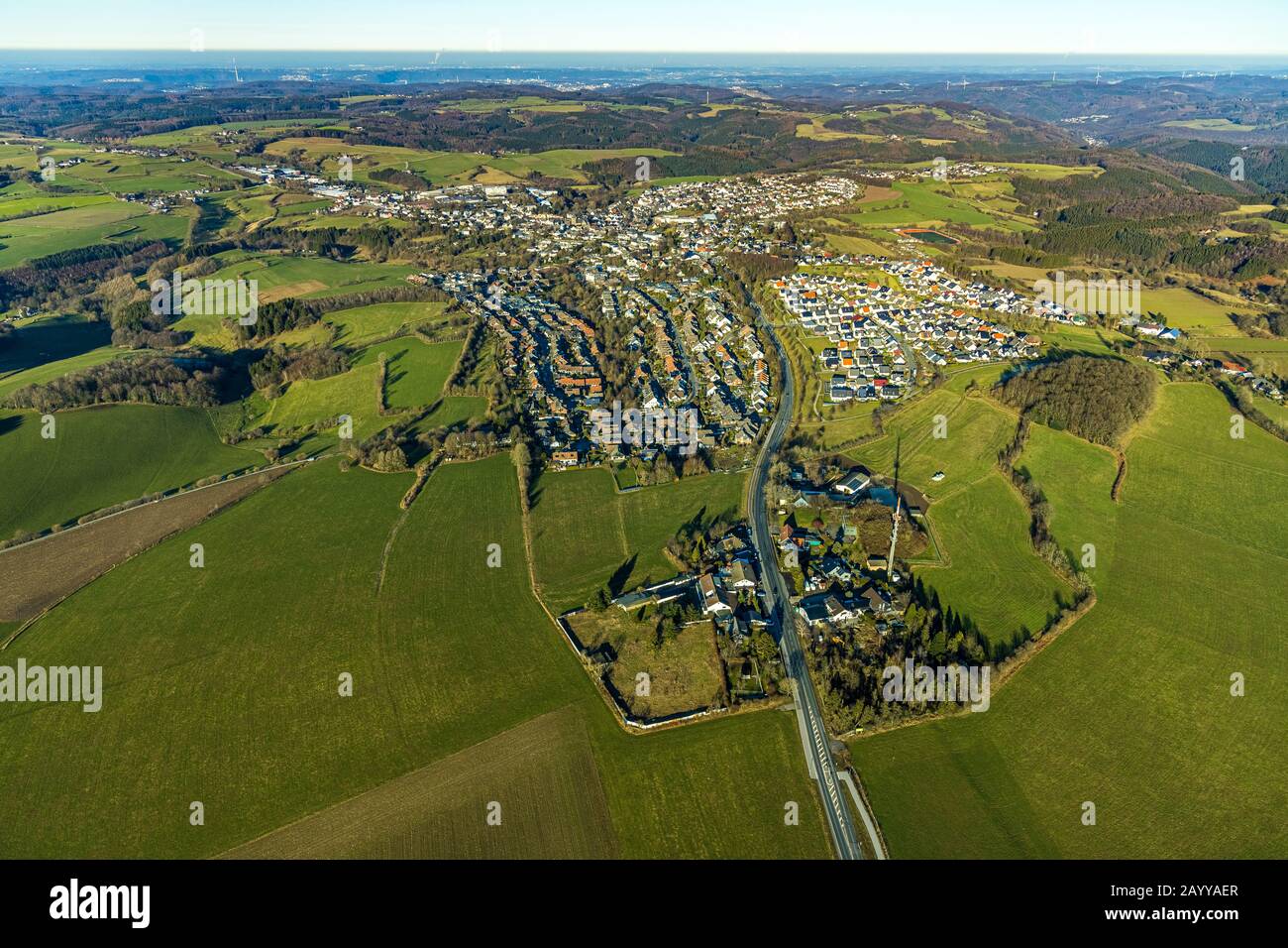 aerial view, overview of Breckerfeld with planned bypass, construction area Am Heider Kopf, Breckerfeld, Ruhr area, North Rhine-Westphalia, Germany, D Stock Photo