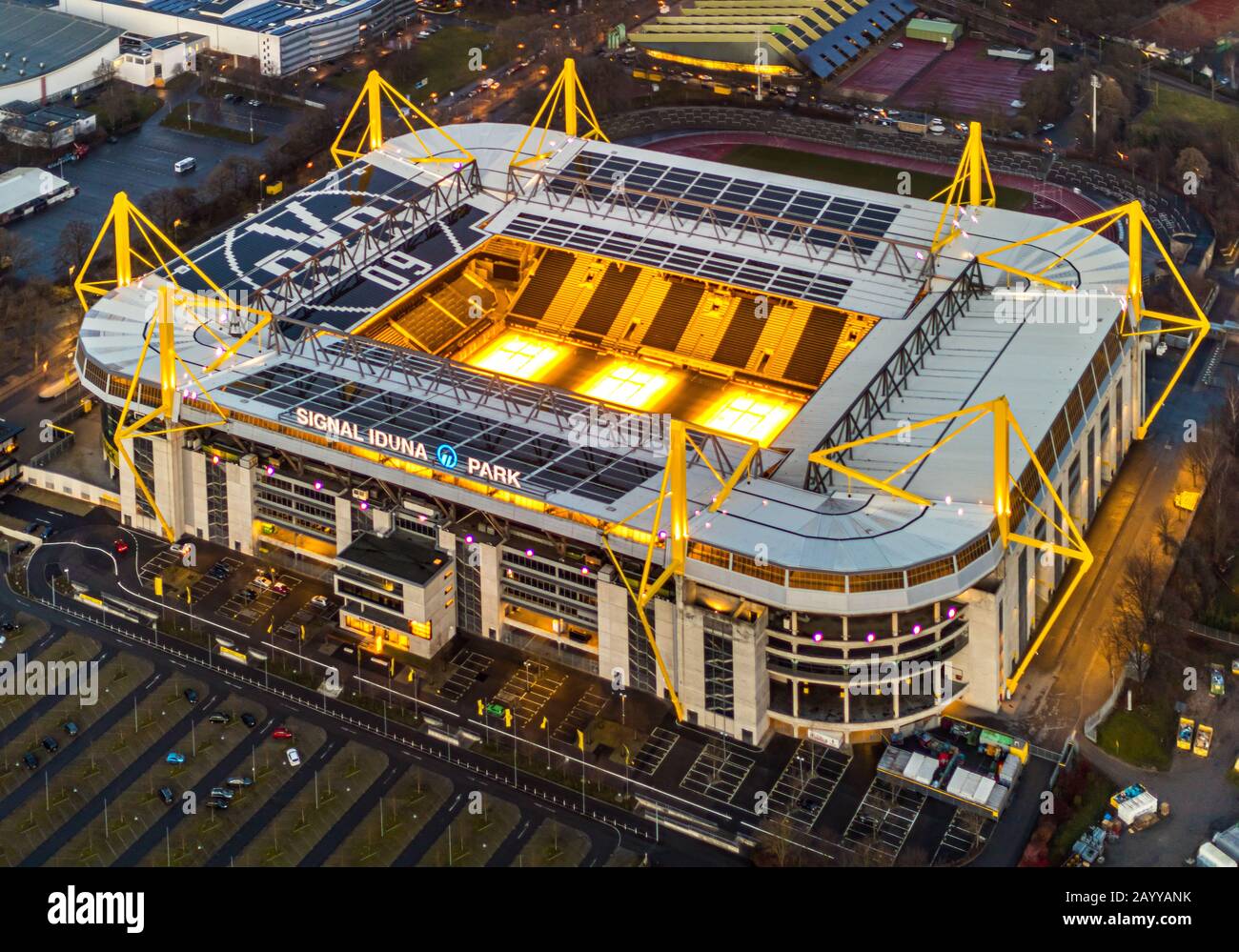 Aerial photo, Signal Iduna Park, SignalIdunaPark, Westphalen Stadium, BVB, Bundesliga Stadium, , Dortmund, Ruhr Area, North Rhine-Westphalia, Germany, Stock Photo