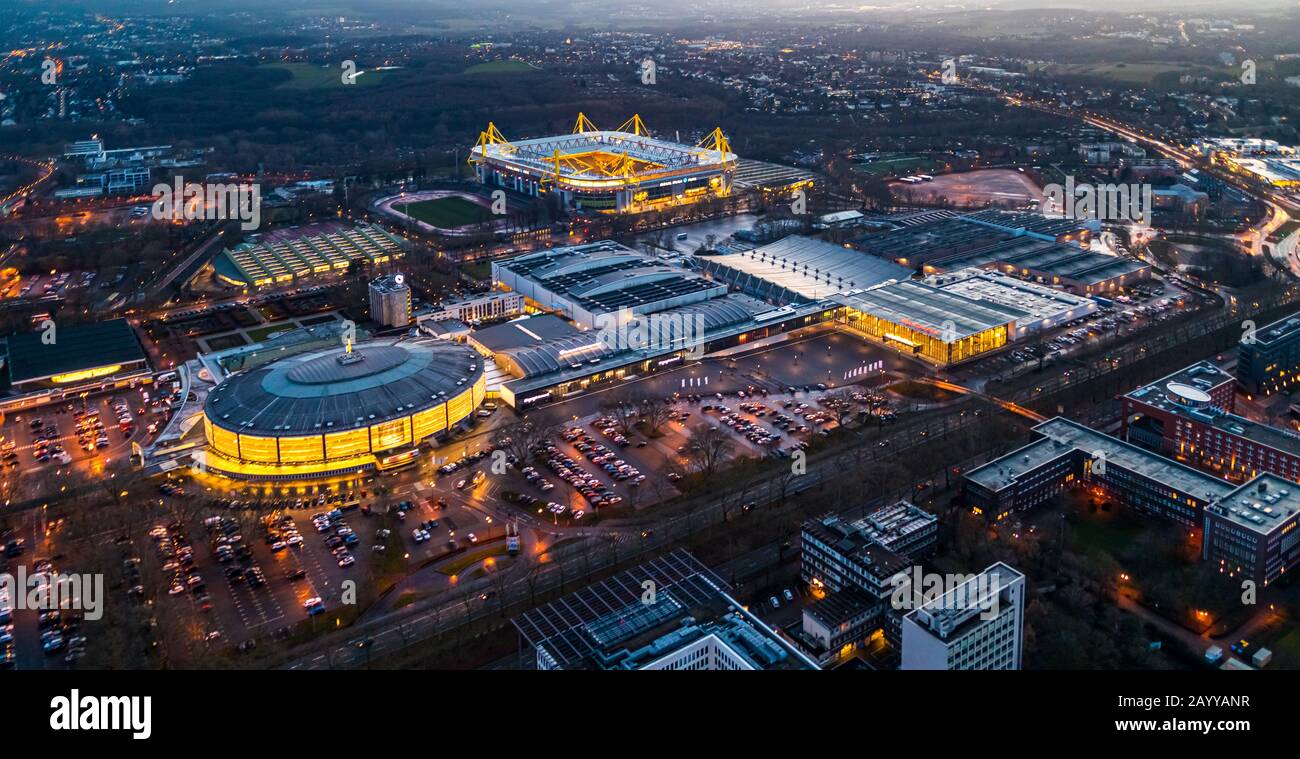 Aerial photo, Westfalenhallen Group of Companies GmbH, Messe Dortmund, Signal Iduna Park, SignalIdunaPark, Westfalenstadion, BVB, Premier League Stadi Stock Photo