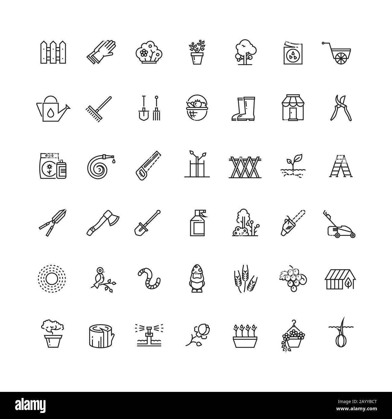 Gardening and seeding vector line thin icons. Tool for gardening and pot with flower gardening illustration Stock Vector