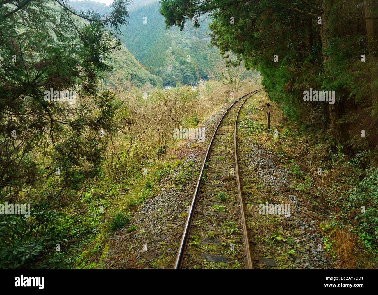 Train tracks seen from a train on the Nishikigawa Seiryu Line in Yamaguchi Prefecture, Japan. Stock Photo