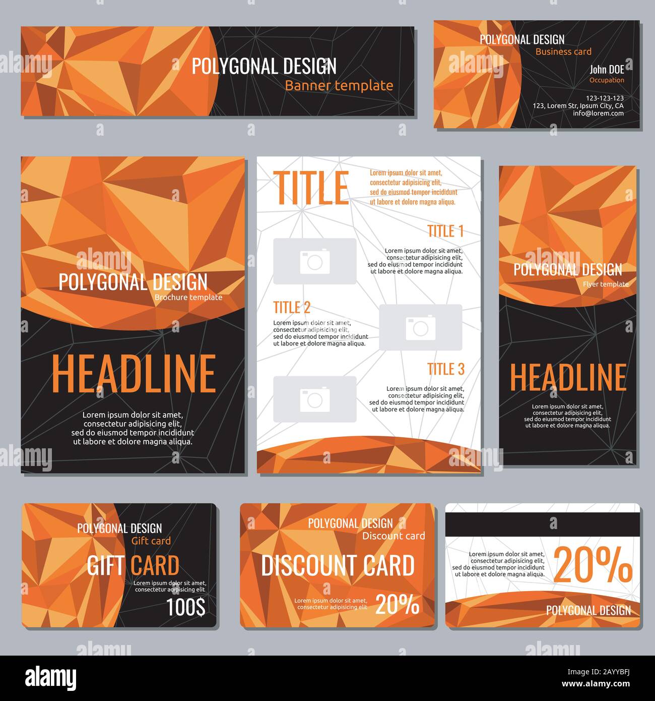 Flyers banners brochures and cards with orange polygonal elements corporate identity vector template. Poster and booklet with polygon element illustration Stock Vector