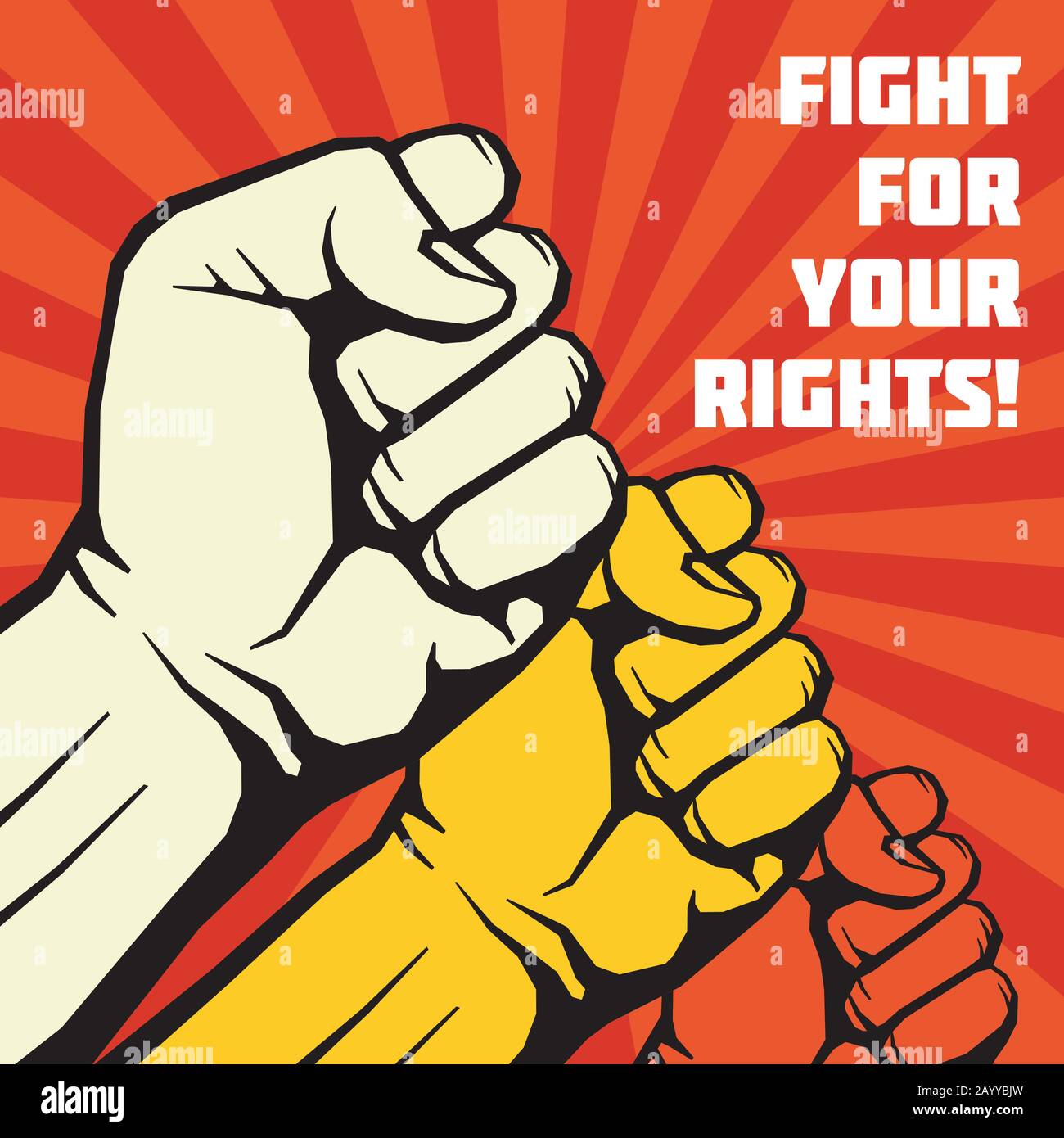 Fight for your rights, solidarity, revolution vector poster. Revolution placard with human fist, illustration of banner to publicize revolution Stock Vector