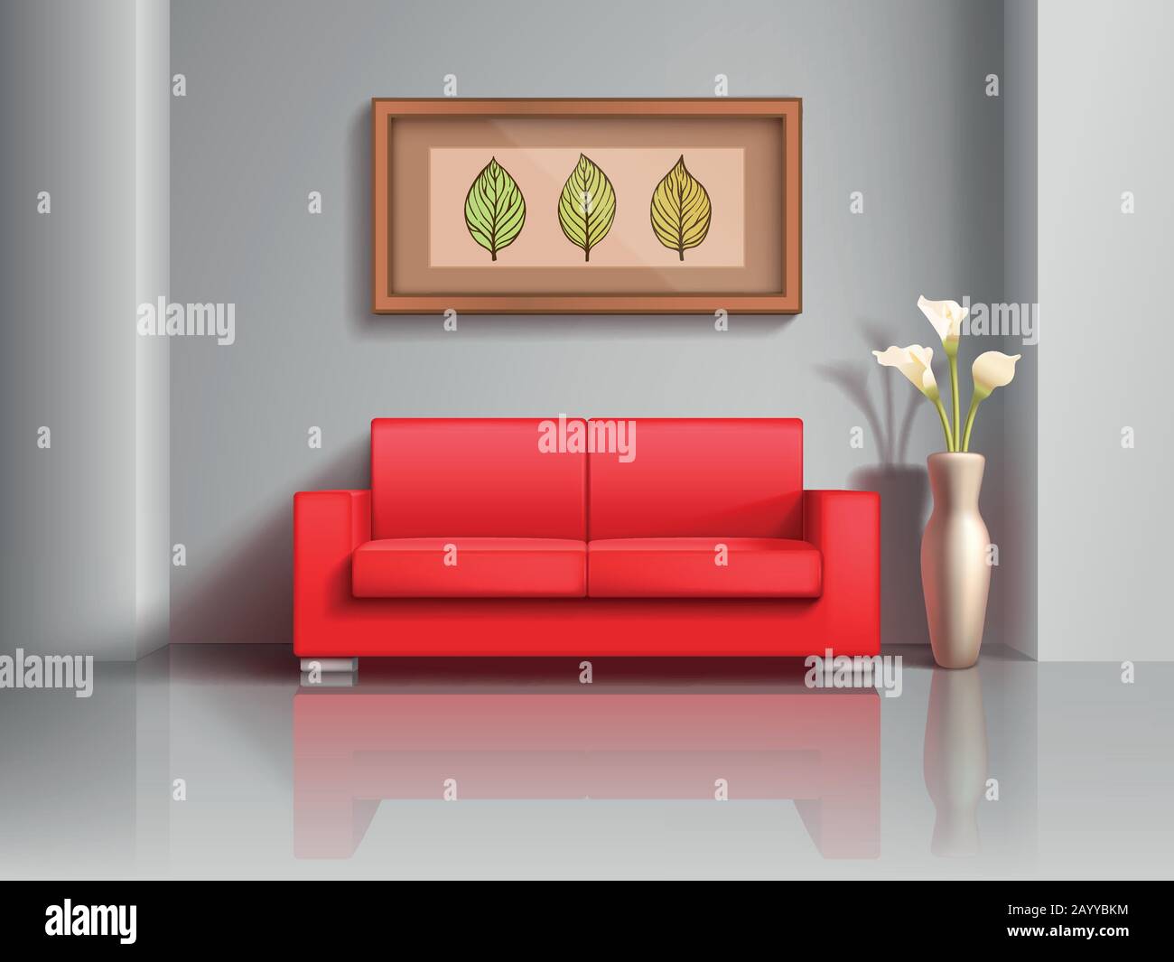 Realistic red sofa and flowerpot in living room interior. Modern realistic interior apartment with furniture comfortable sofa. Vector illustration Stock Vector