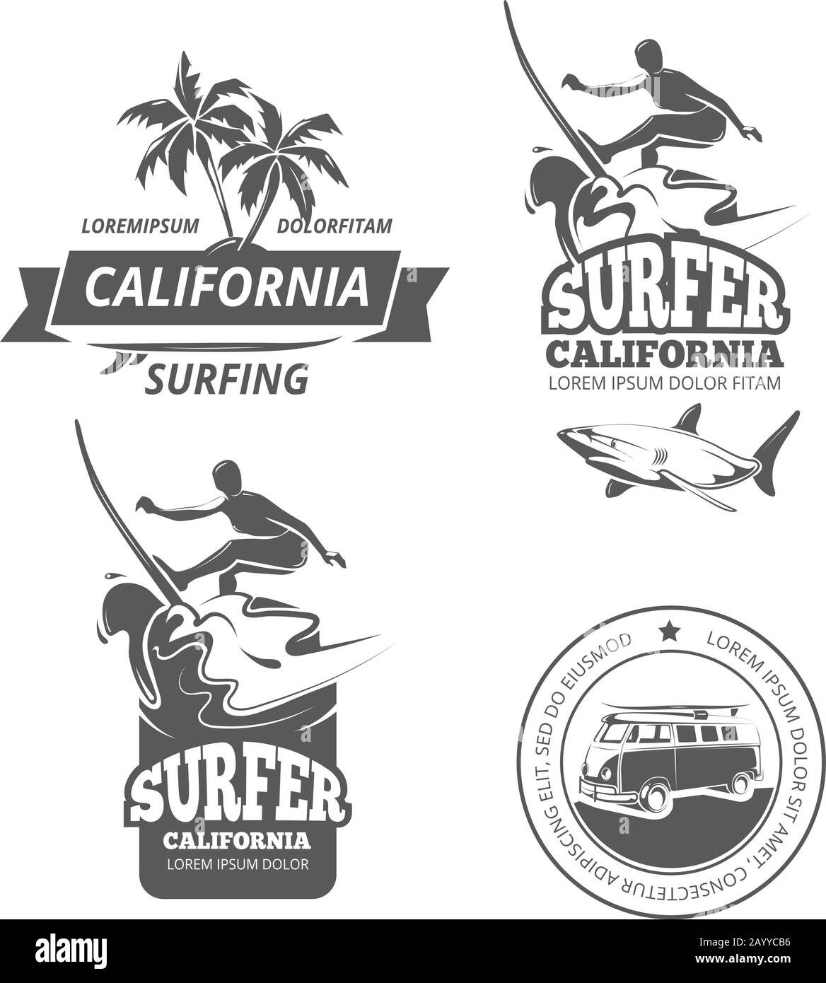 Surfing logo set. Vector surfing labels or surfing sport badges with palm trees and Stock Vector