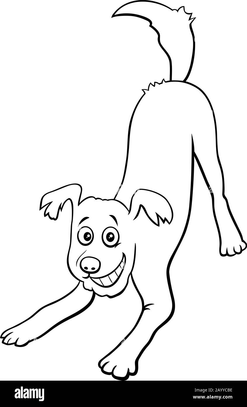 Black and White Cartoon Illustration of Happy Playful Dog Comic Animal ...