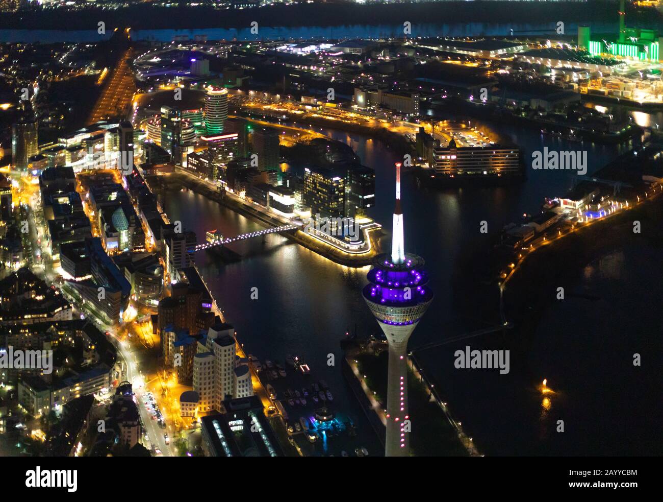 Aerial photo, television tower, state parliament, trivago N.V., travel agency head office, Ying-Yang, media harbour Düsseldorf am Rhein, city district Stock Photo