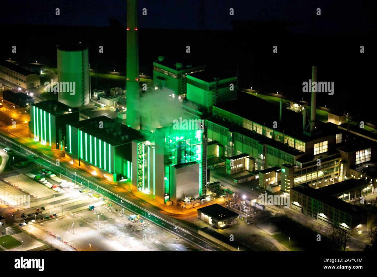Aerial photo, Lausward power station, Rhine arch, Media harbour Düsseldorf am Rhein, City district 04, Düsseldorf, Rhineland, North Rhine-Westphalia, Stock Photo