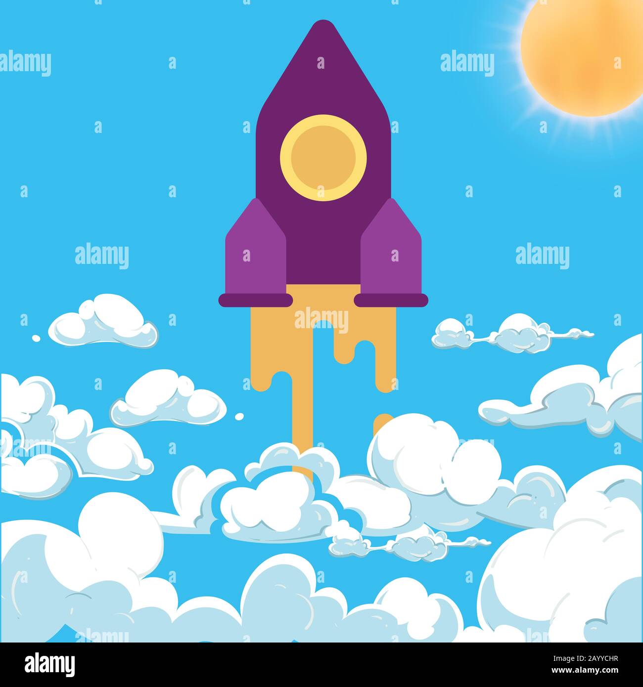 Rocket and white clouds cartoon vector. Startup success above clouds